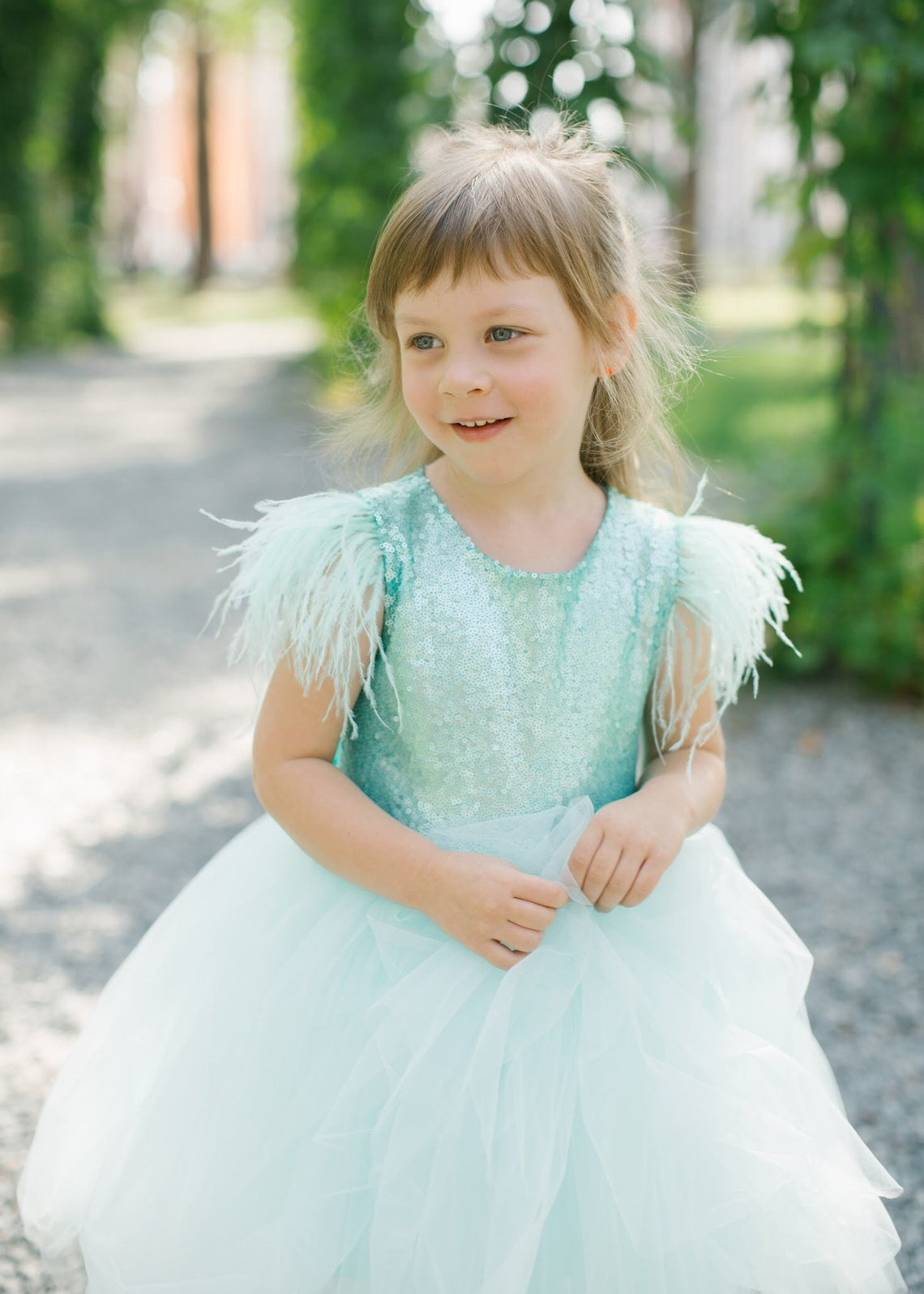 Aline Sequin Tulle Feather Keyhole Back Flower Girl Dress